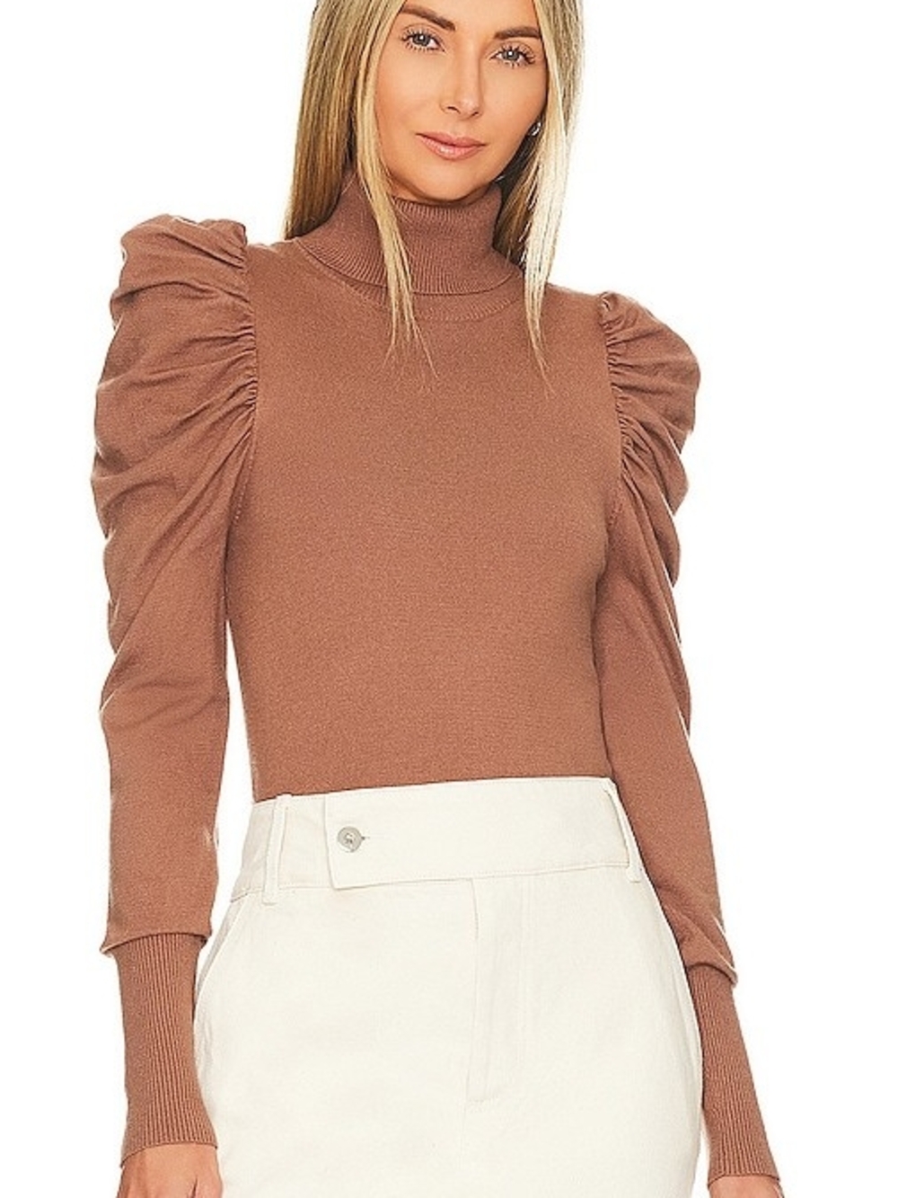 L'Academie Revolve Brown Ruched Statement Puff Sleeve Knit Turtleneck Top Small